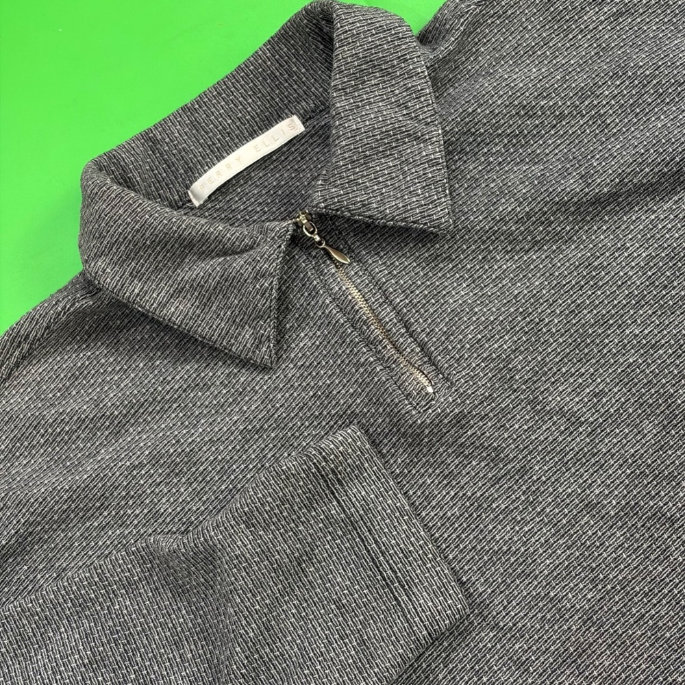 VTG Perry Ellis 1/4 Zip Pullover Mens M Gray Textured Knit 100% Cotton Sweater